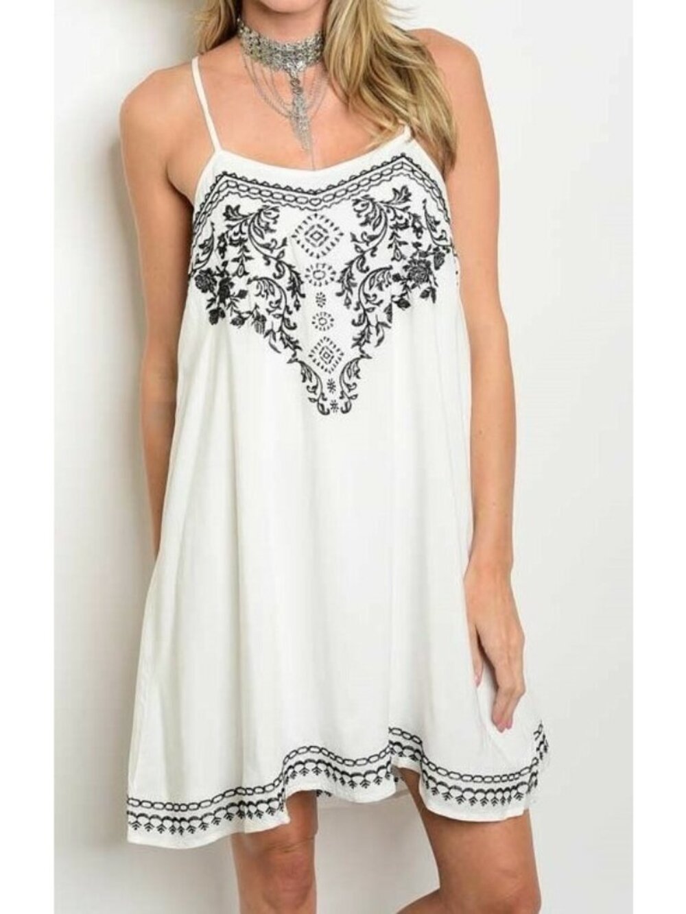 NWOT POEMA S WHITE BLACK BOHO FLORAL AZTEC STRAPPY MINI OVERSIZE SHIFT DRESS